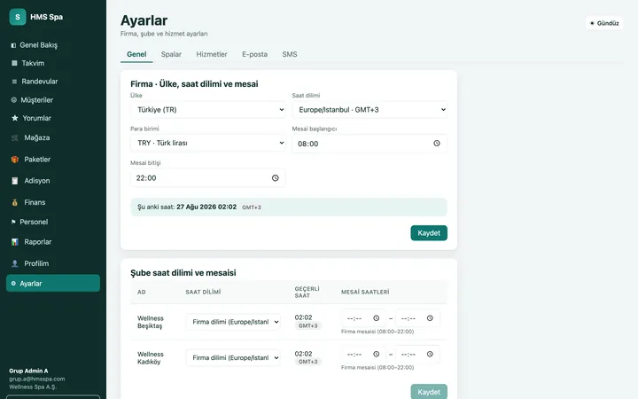 HMS Spa web paneli — Ayarlar