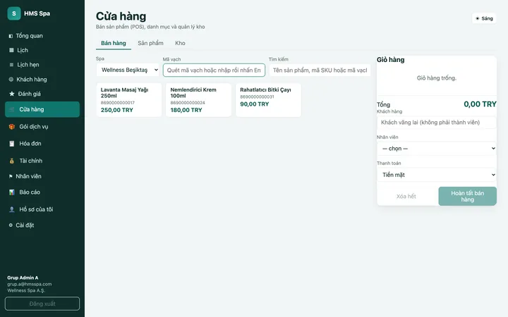 Bảng quản trị web HMS Spa — Cửa hàng (POS)