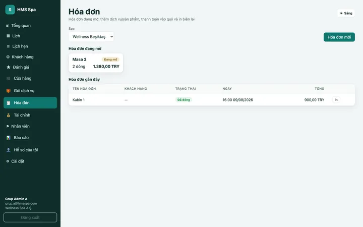 Bảng quản trị web HMS Spa — Hóa đơn đang mở