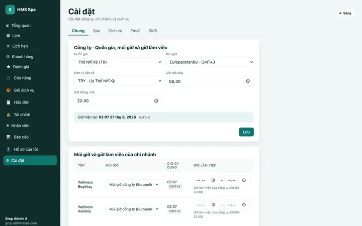 Bảng quản trị web HMS Spa — Cài đặt
